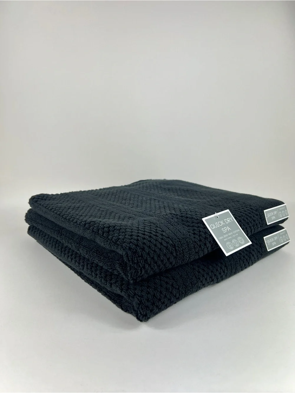 Quick Dry Spa Bath Towels Black Waffle Textured Soft Plush Cotton 2 Pc Set NEW
